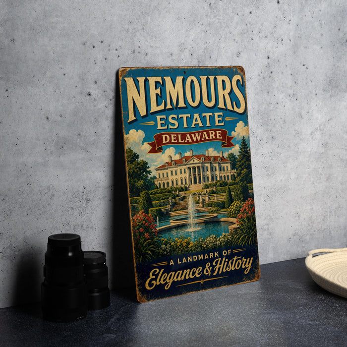 A vintage metal sign for Nemours Estate in Delaware, featuring an illustration of a grand building surrounded by lush gardens and a fountain.