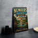 A vintage metal sign for Nemours Estate in Delaware, featuring an illustration of a grand building surrounded by lush gardens and a fountain.