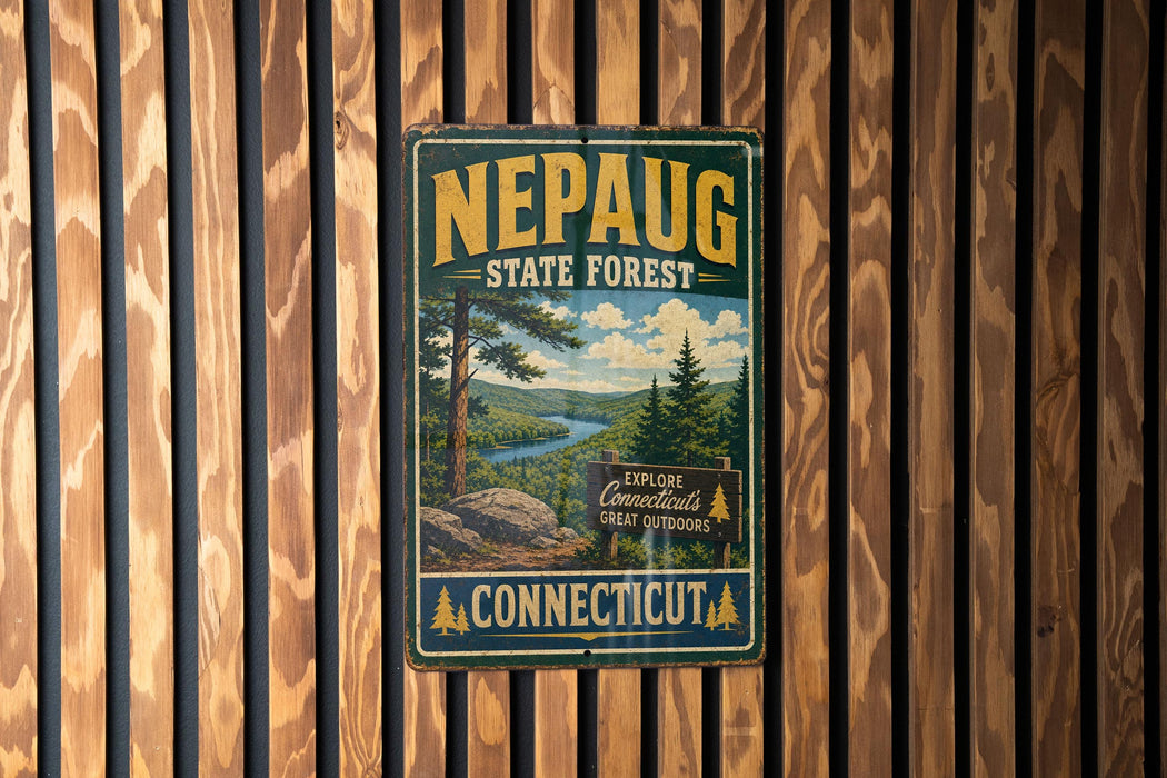 A vintage-style metal sign for the Nepaug State Forest in Connecticut, featuring a scenic landscape with pine trees, a river, and mountains.