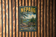 A vintage-style metal sign for the Nepaug State Forest in Connecticut, featuring a scenic landscape with pine trees, a river, and mountains.