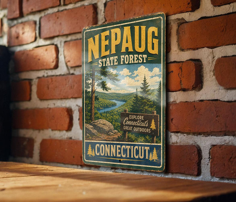 A vintage-style metal sign for the Nepaug State Forest in Connecticut, featuring a scenic landscape with pine trees and a river.