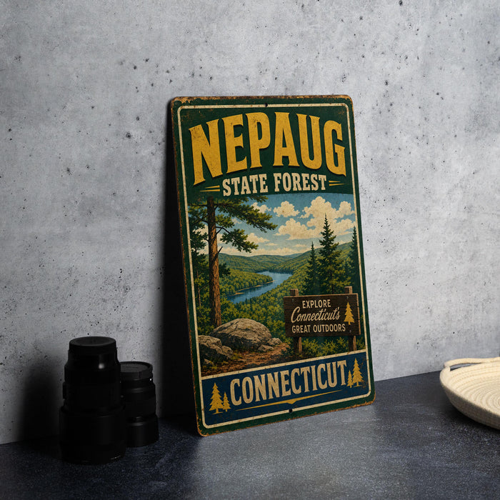 A vintage metal sign for the Nepaug State Forest in Connecticut, featuring a scenic landscape with pine trees, a river, and mountains.