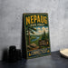 A vintage metal sign for the Nepaug State Forest in Connecticut, featuring a scenic landscape with pine trees, a river, and mountains.