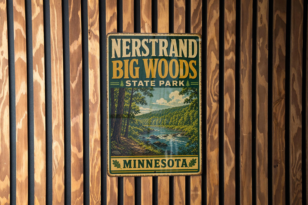 A vintage-style metal sign for Nerstrand Big Woods State Park in Minnesota, featuring a scenic landscape with a river and forest.