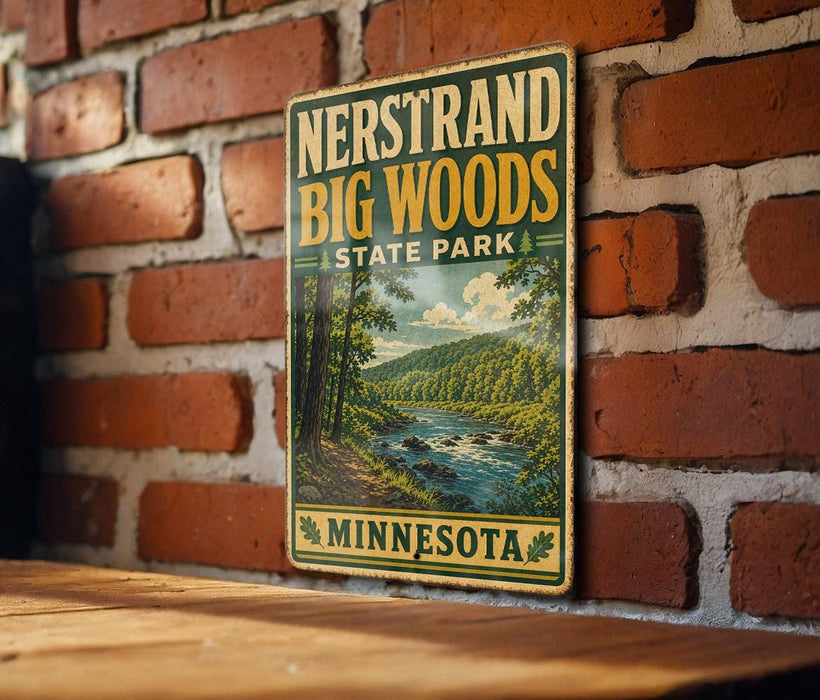 A vintage-style metal sign fornersand big woods state park in Minnesota, featuring a scenic landscape with a river and forest.