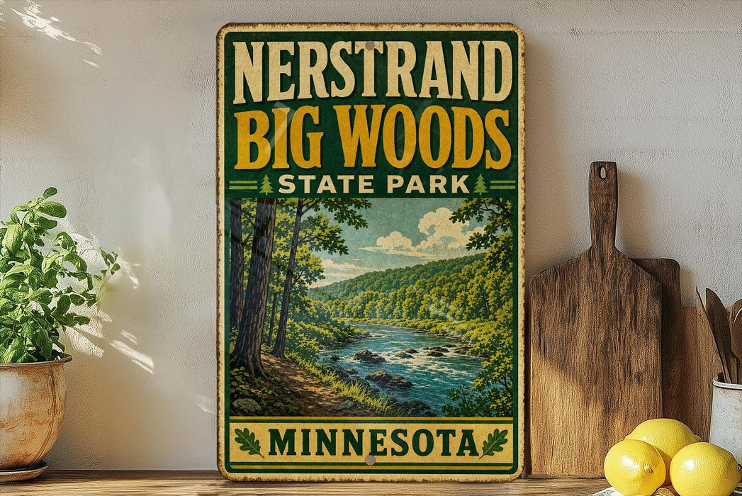 A vintage-style sign fornersand big woods state park in Minnesota, featuring a scenic landscape with a river and forest.