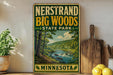 A vintage-style sign fornersand big woods state park in Minnesota, featuring a scenic landscape with a river and forest.
