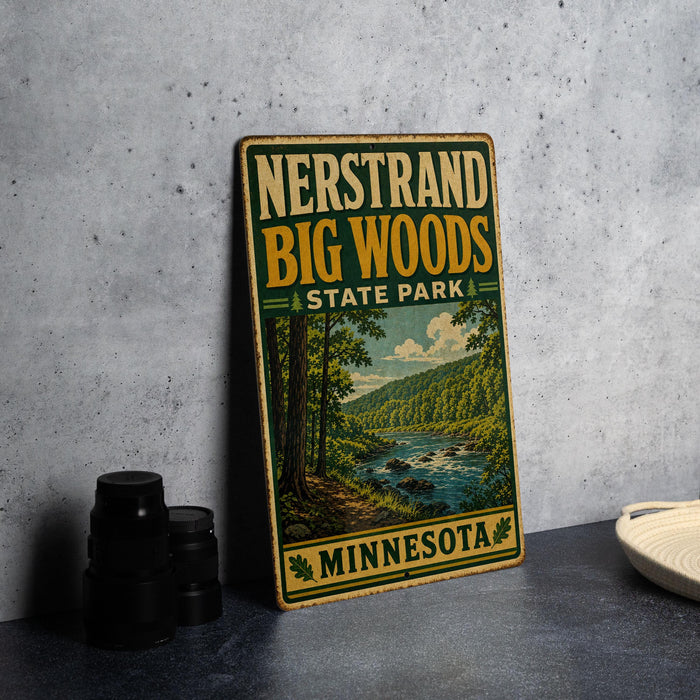 A vintage-style metal sign fornersand big woods state park in Minnesota, featuring a scenic illustration of a forest landscape with a river.