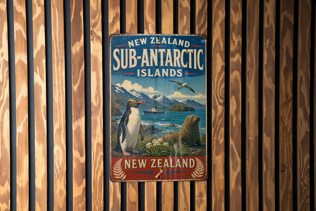 A vintage metal sign advertising the Sub-Antarctic Islands in New Zealand, featuring a penguin and a seal.