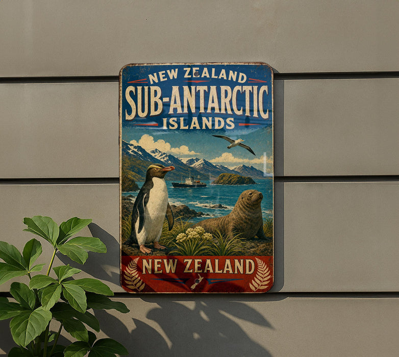 A vintage-style sign advertising the Sub-Antarctic Islands in New Zealand, featuring a penguin and a seal in a scenic landscape.