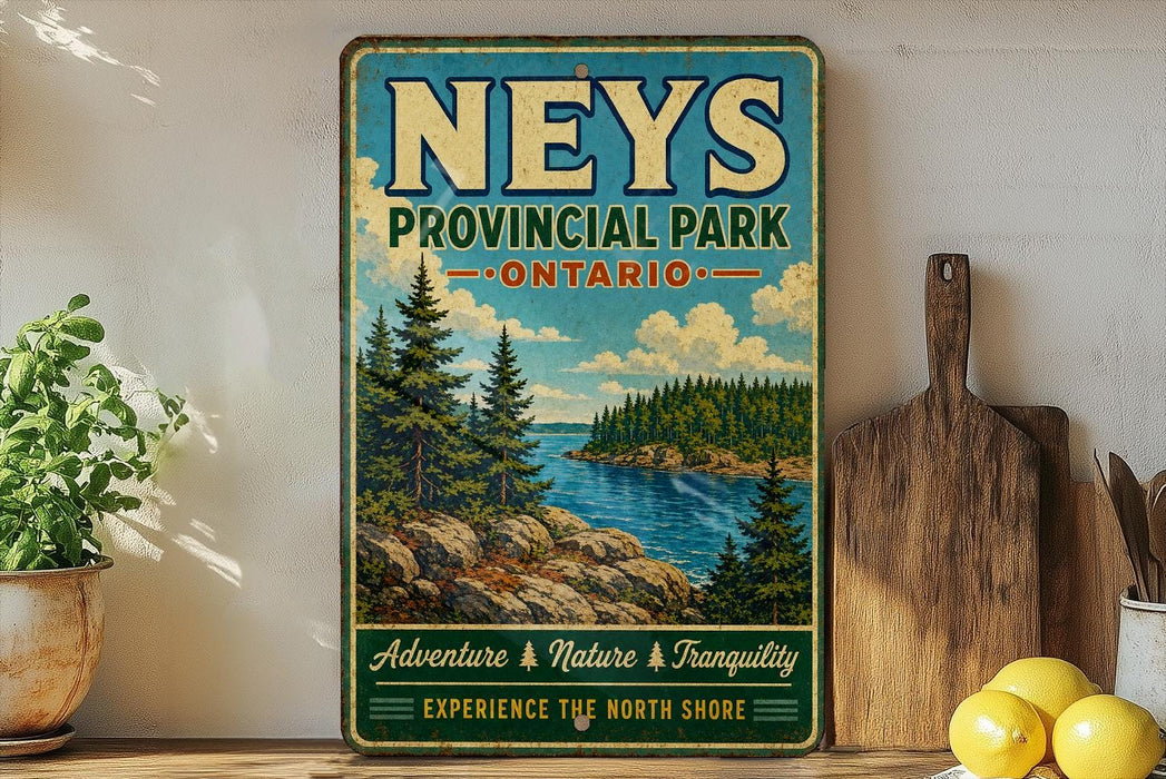 A vintage-style sign for "Nees Provincial Park - Ontario" featuring a scenic landscape with pine trees, a lake, and mountains.