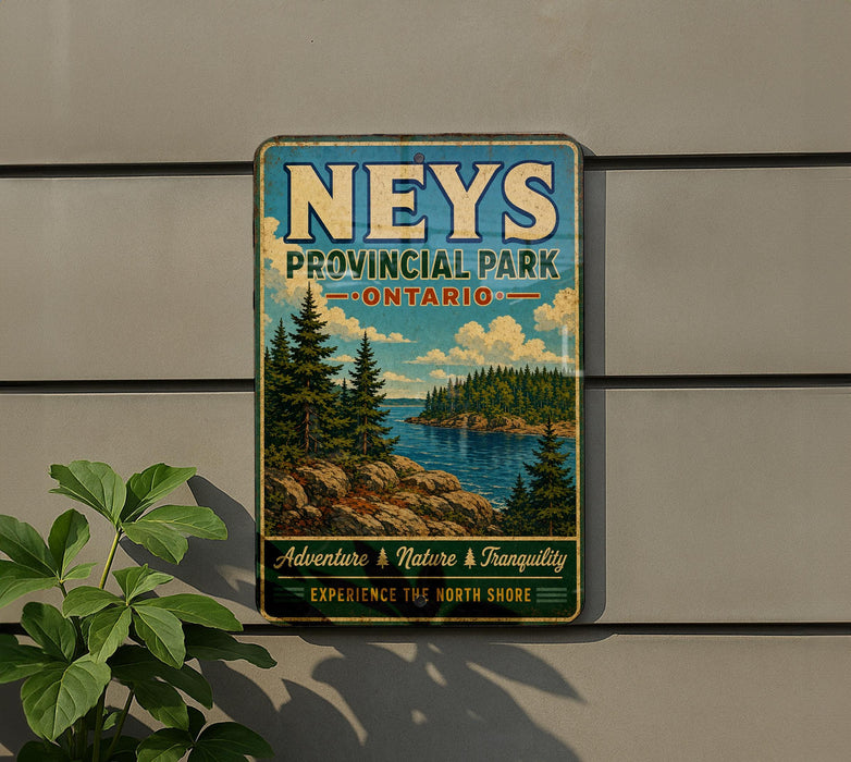 A vintage-style metal sign for Neys Provincial Park, Ontario, featuring a scenic landscape with pine trees, a lake, and mountains.
