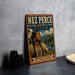 A vintage-style metal sign for Nez Perce National Historical Park in Idaho, featuring an illustration of a Native American woman in traditional clothing.