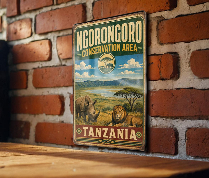 A vintage-style metal sign displaying the name "NGORONGORO CONSERVATION AREA" and the word "TANZANIA" is hanging on a brick wall.