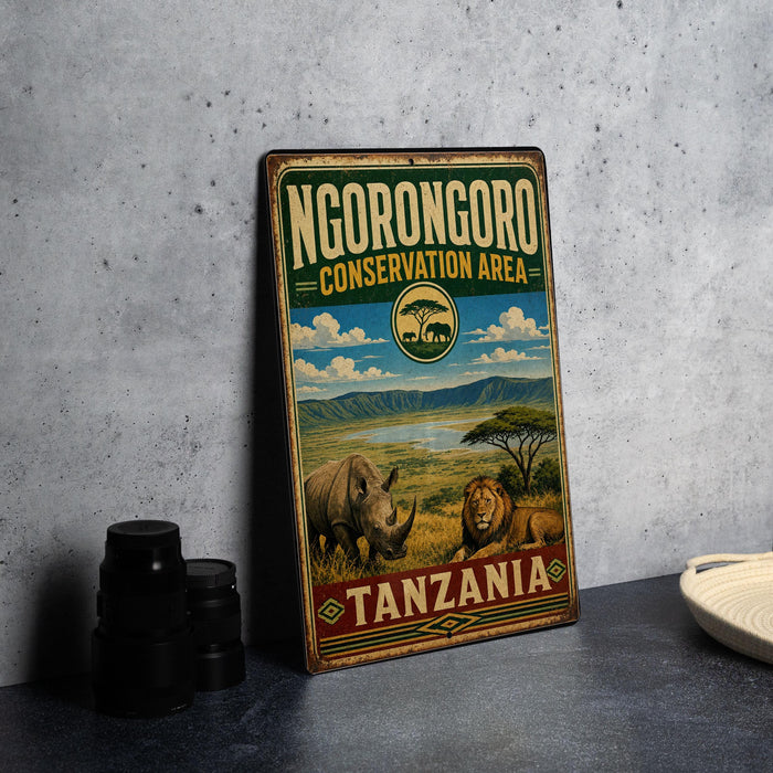 A vintage-style metal sign for the Ngorongoro Conservation Area in Tanzania, featuring an illustration of wildlife and a landscape.