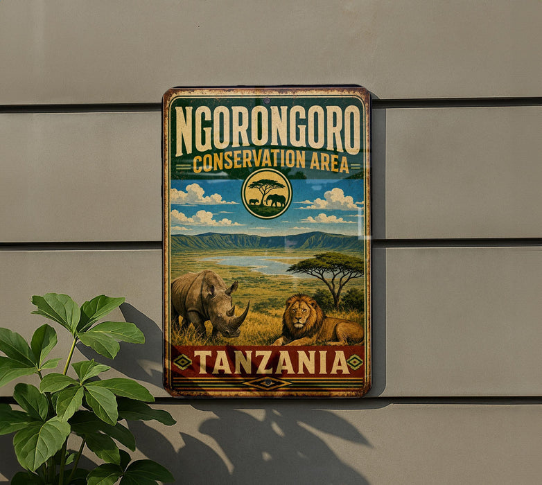 a vintage-style metal sign with a landscape of wildlife, including a rhinoceros, lion, and elephant, set against a backdrop of mountains and a blue sky. The sign is mounted on a wall and is surrounded by greenery, including a plant. The sign prominently displays the text "NGORONGOORO CONSERVATION AREA TANZANIA".