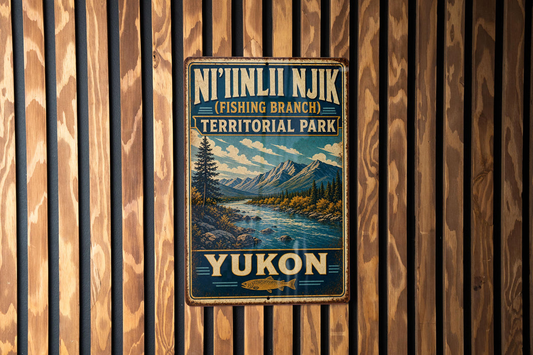 A vintage-style metal sign for Yukon, a fishing branch in the Territorial Park of the Yukon Territory, Canada.