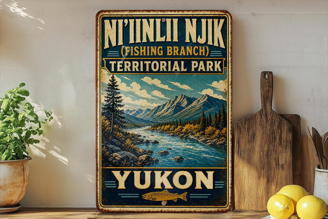a vintage-style sign for Yukon, a territory park in Canada, with a scenic mountain landscape and a river.