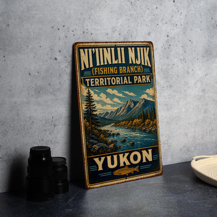 A vintage-style metal sign advertising Yukon, featuring a scenic mountain landscape with a river and pine trees.