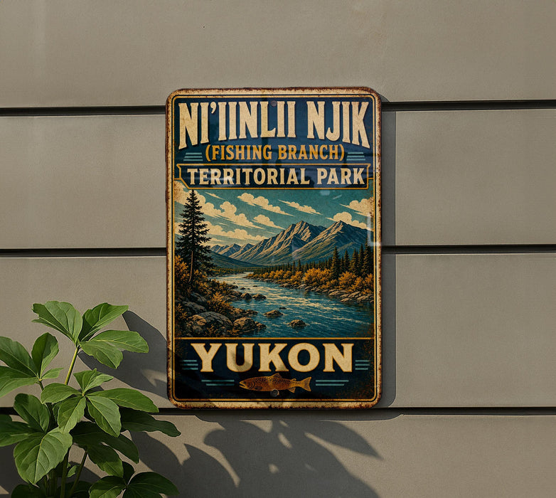A vintage-style sign for Yukon, a fishing branch in the Territorial Park of the Yukon Territory, Canada.