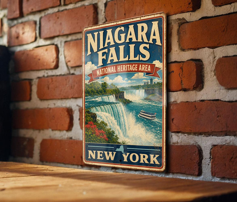 A vintage-style sign for Niagara Falls, the National Heritage Area in New York, is displayed on a brick wall.