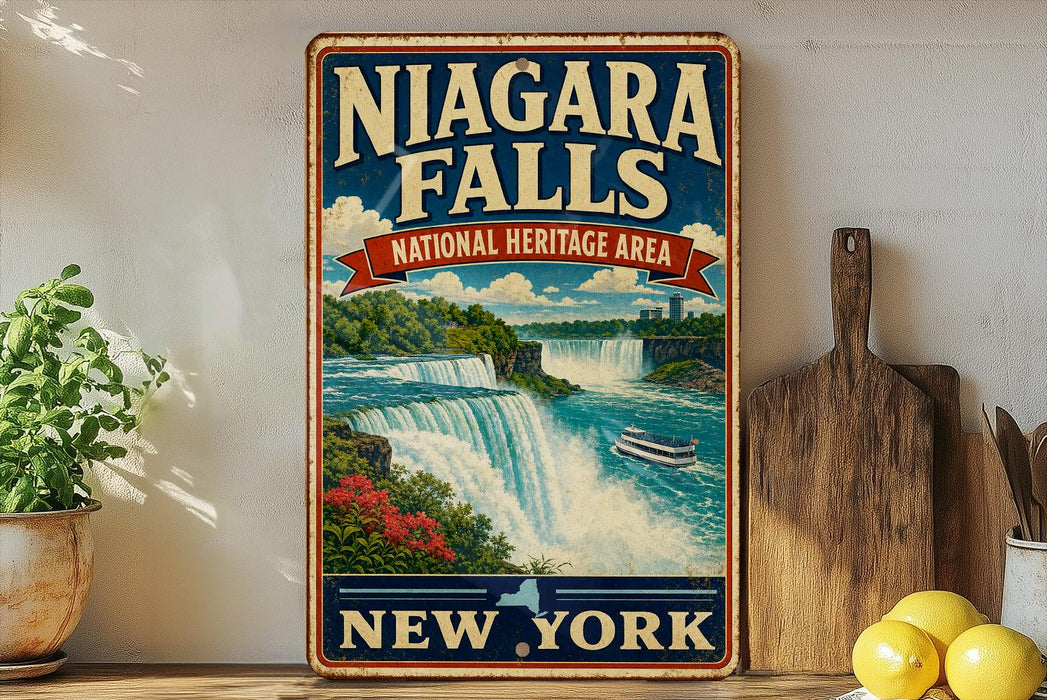 A vintage-style sign for Niagara Falls, New York, featuring a scenic image of the falls and surrounding landscape.