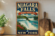 A vintage-style sign for Niagara Falls, New York, featuring a scenic image of the falls and surrounding landscape.