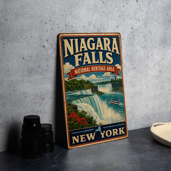 A vintage-style sign for Niagara Falls, the National Heritage Area in New York, featuring a scenic illustration of the falls and surrounding landscape.
