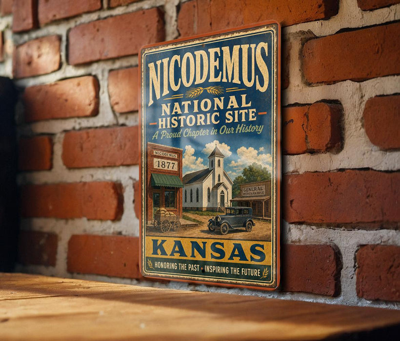 A vintage-style metal sign for the Nicodemus National Historic Site in Kansas, featuring an illustration of a building and a car.