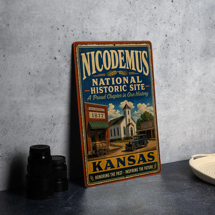 A vintage-style sign for the Nicodemus National Historic Site in Kansas, featuring an illustration of a building and a car.