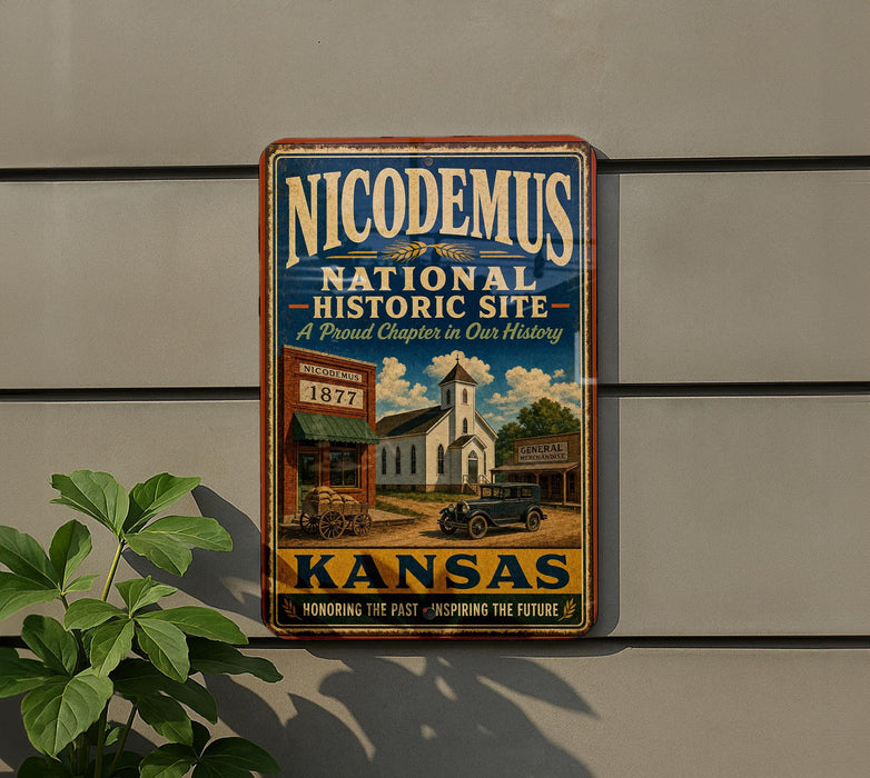 A vintage-style metal sign for the Nicodemus National Historic Site in Kansas, featuring an illustration of a building and a car.