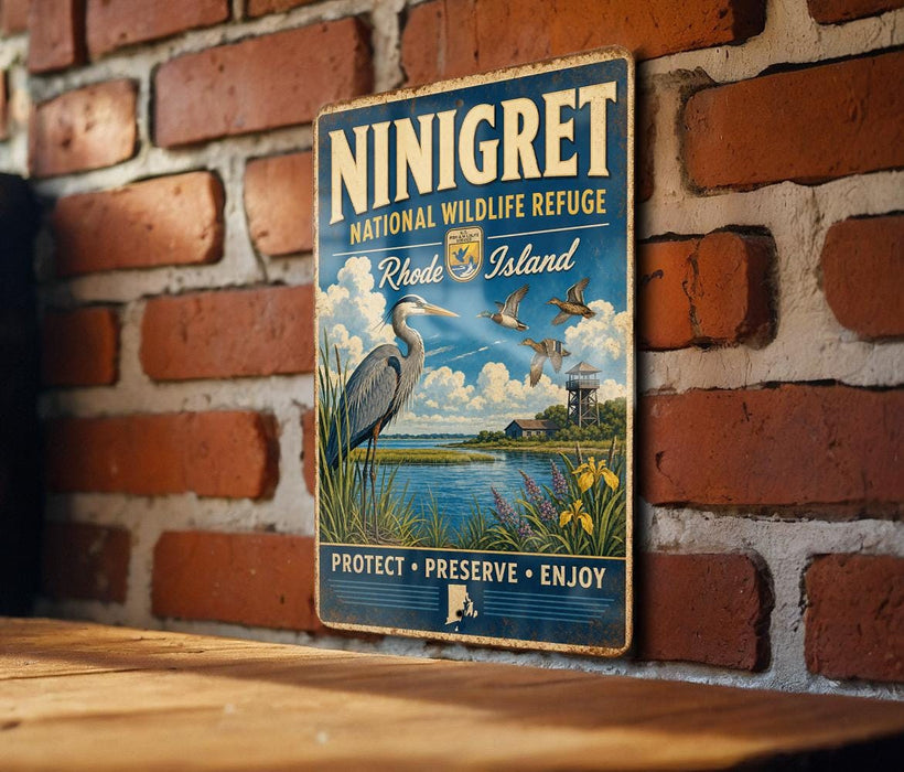 A vintage-style sign for the National Wildlife Refuge in Rhode Island, featuring a blue background with a bird illustration and text promoting wildlife protection, preservation, and enjoyment.