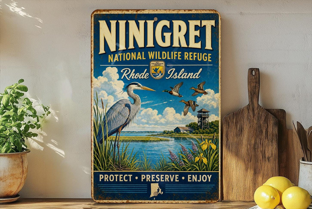 a vintage-style sign for the National Wildlife Refuge in Rhode Island, with a blue background and a bird illustration. The sign also includes the words "PROTECT - PRESERVE - ENJOY" and a lighthouse in the background.