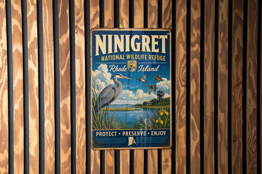A vintage-style metal sign for the National Wildlife Refuge in Rhode Island, featuring an illustration of a bird and a serene landscape.