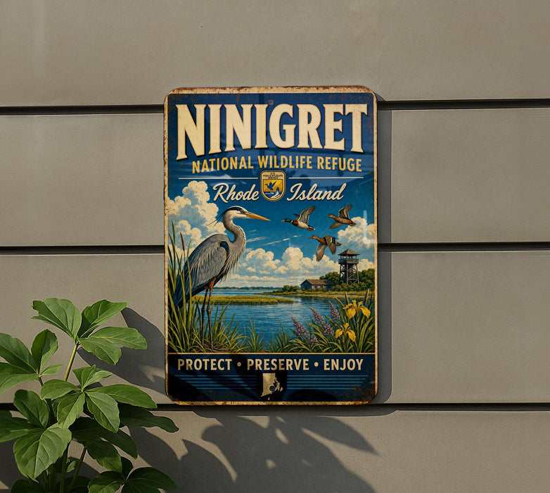 a vintage-style metal sign with a blue background and a bird illustration, mounted on a wall.