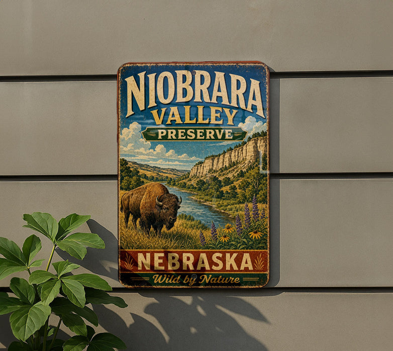 A vintage-style metal sign for Niobrara Valley Preserve in Nebraska, featuring a buffalo in a grassy field with a river and mountains in the background.