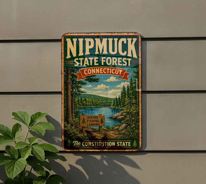 A vintage metal sign for the Nipmuck State Forest in Connecticut, featuring a scenic landscape with pine trees, a lake, and hiking trails.