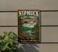 A vintage metal sign for the Nipmuck State Forest in Connecticut, featuring a scenic landscape with pine trees, a lake, and hiking trails.