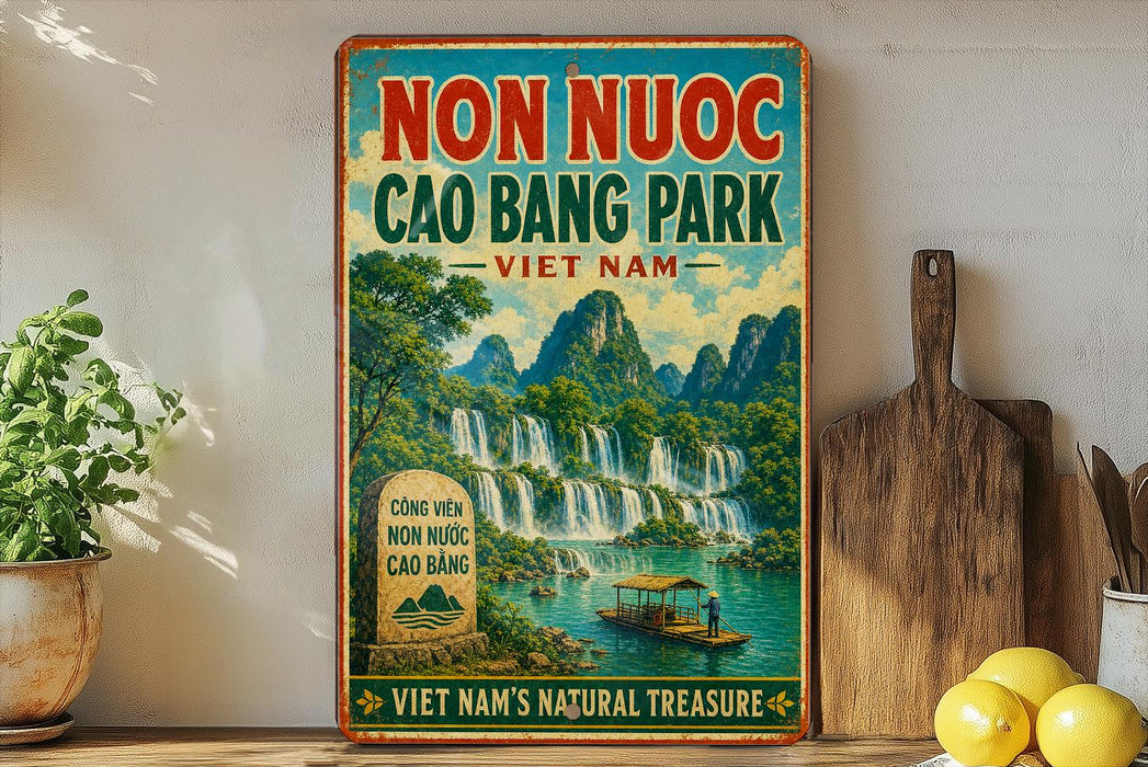 a vintage-style poster advertising the Non Nuoc Cào Bang Park in Vietnam, with a scenic image of the park and a waterfall.