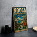 a vintage-style sign for the Noosa Bioscape Reserve in Australia, with a tropical landscape and wildlife illustration.