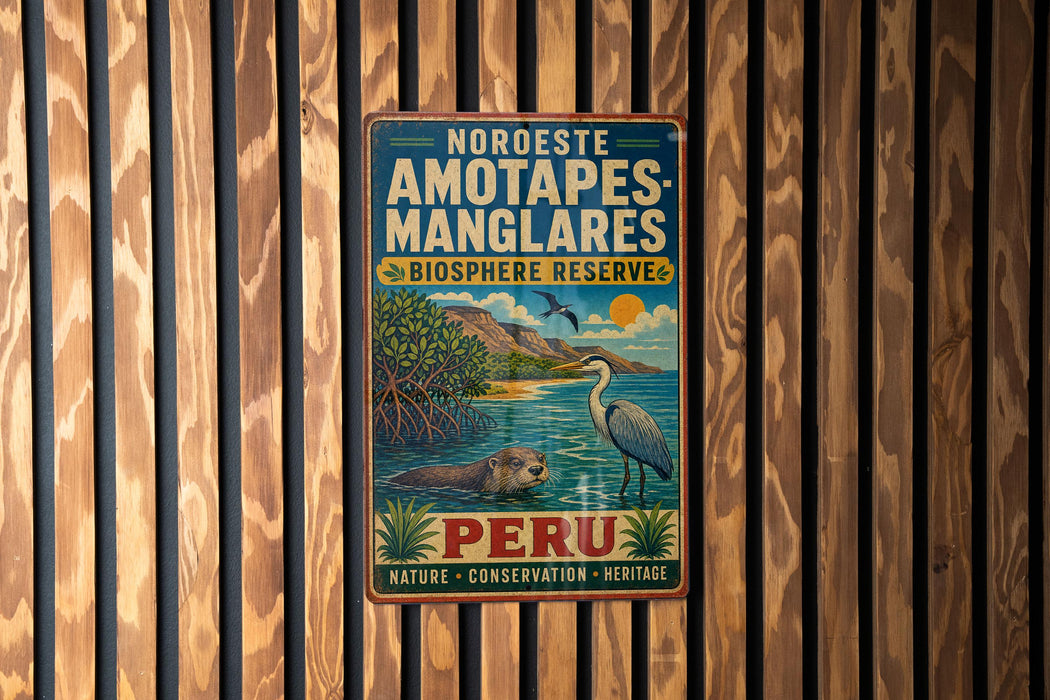 A vintage-style metal sign for the Nordeste Amotapes-Manglares Biosphere Reserve in Peru, featuring a bird and a landscape with a body of water.