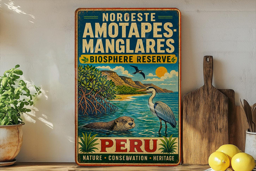 A vintage-style sign for the Noroeste Amotapes Manglares, a nature reserve in Peru, featuring an illustration of a bird, a heron, and a frog in a tropical setting.
