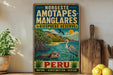 A vintage-style sign for the Noroeste Amotapes Manglares, a nature reserve in Peru, featuring an illustration of a bird, a heron, and a frog in a tropical setting.
