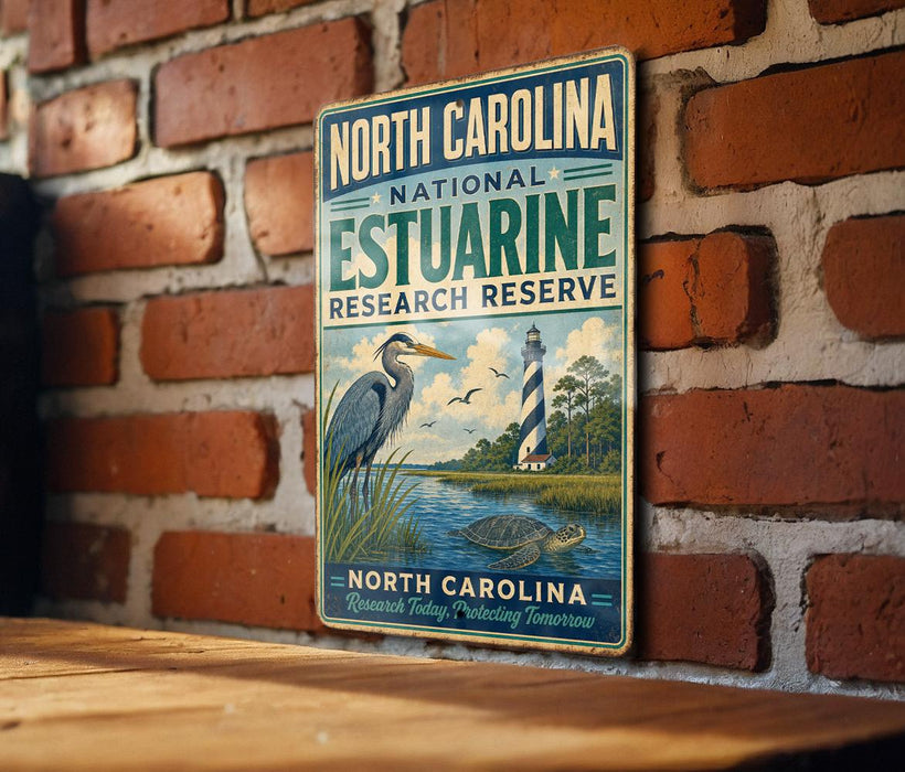 A vintage-style metal sign for the North Carolina Estuarine Research Reserve, featuring a lighthouse and a bird, is displayed on a brick wall.