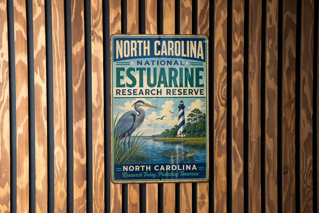A vintage-style metal sign for the North Carolina Estuarine Research Reserve, featuring a lighthouse and a bird in a grassy area.