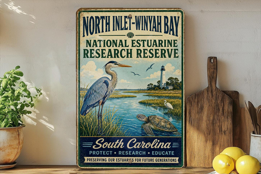 A vintage-style sign for the North Inlet-Win yacht bay in South Carolina, featuring a blue heron and a lighthouse in the background.