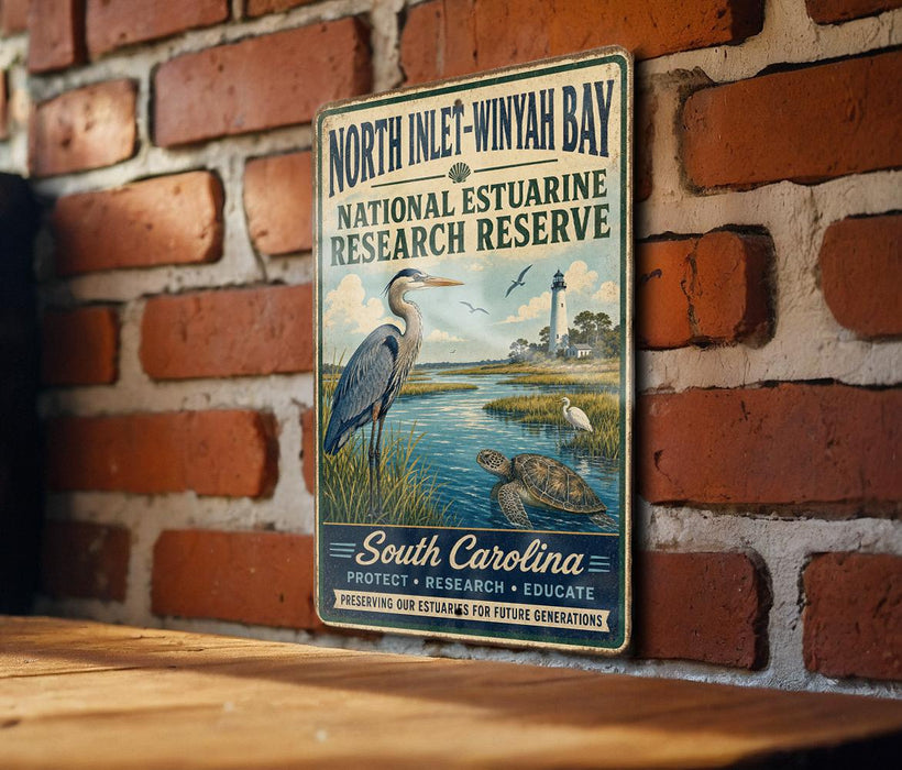 A vintage-style metal sign for the North Inlet-Winyah Bay National Estuarine Research Reserve in South Carolina, featuring an illustration of a heron and a lighthouse.