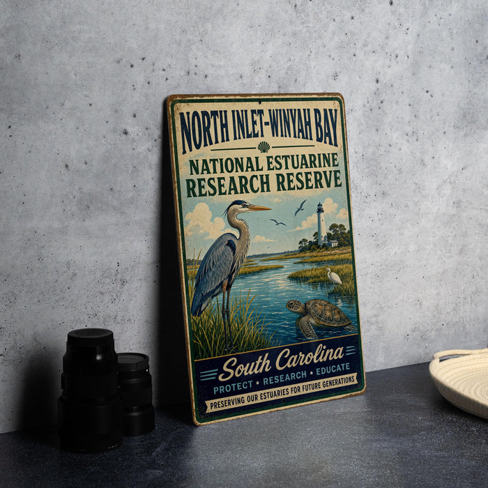 A vintage-style sign for the North Inlet-Winyan Bay National Estuarine Research Reserve, featuring an illustration of a crane and a lighthouse, along with text promoting the reserve's mission to protect, preserve, and educate about the estuarine ecosystem.
