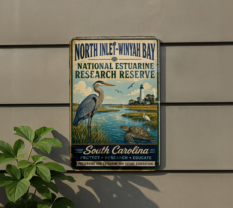 A vintage-style sign for the North Inlet-Winyan Bay National Estuarine Research Reserve in South Carolina, featuring a heron and a lighthouse in the background.