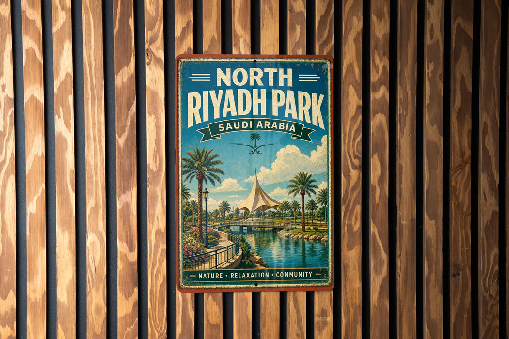 A vintage-style metal sign for North Riyadh Park in Saudi Arabia, featuring a scenic image of palm trees and a river.
